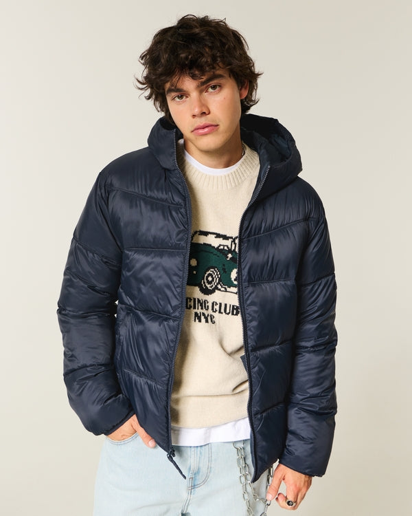 Hollister men's hooded puffer jacket navy color