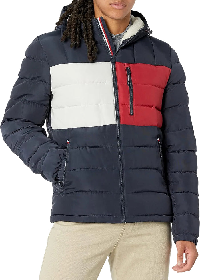 TOMMY HILFIGER Midweight Sherpa Lined Hooded Water Resistant Puffer Men jacket _ Multicolor