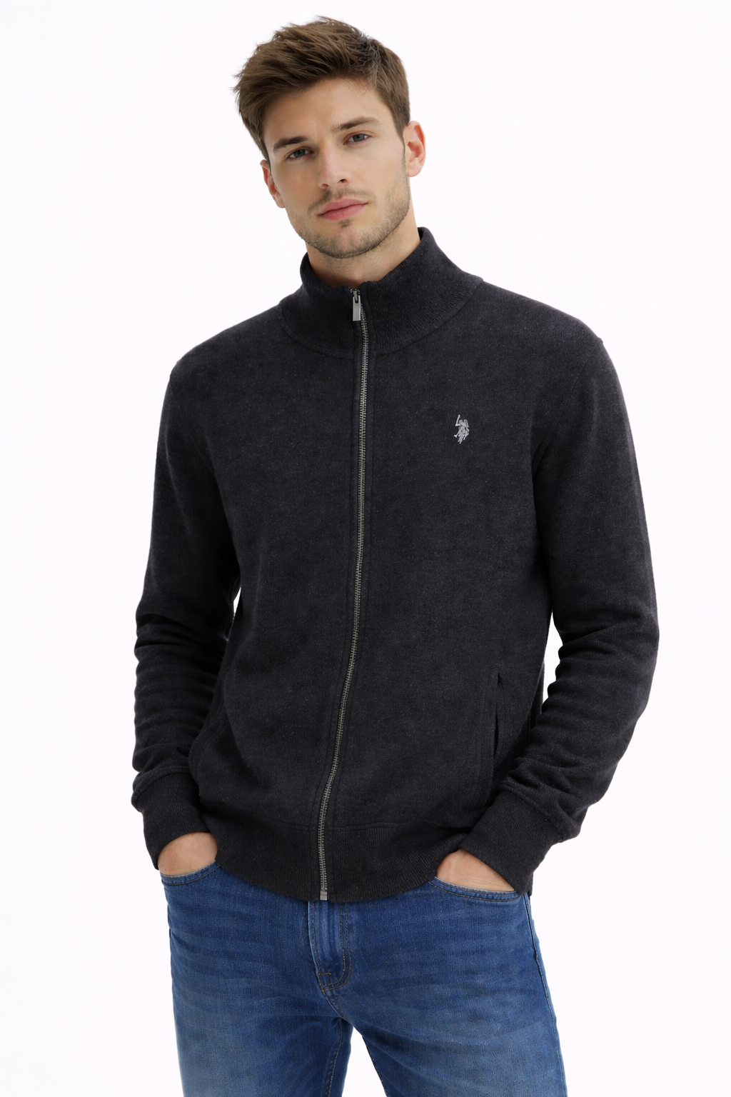 US Polo Assn Full-Zip Sweater Men _ Dark Grey