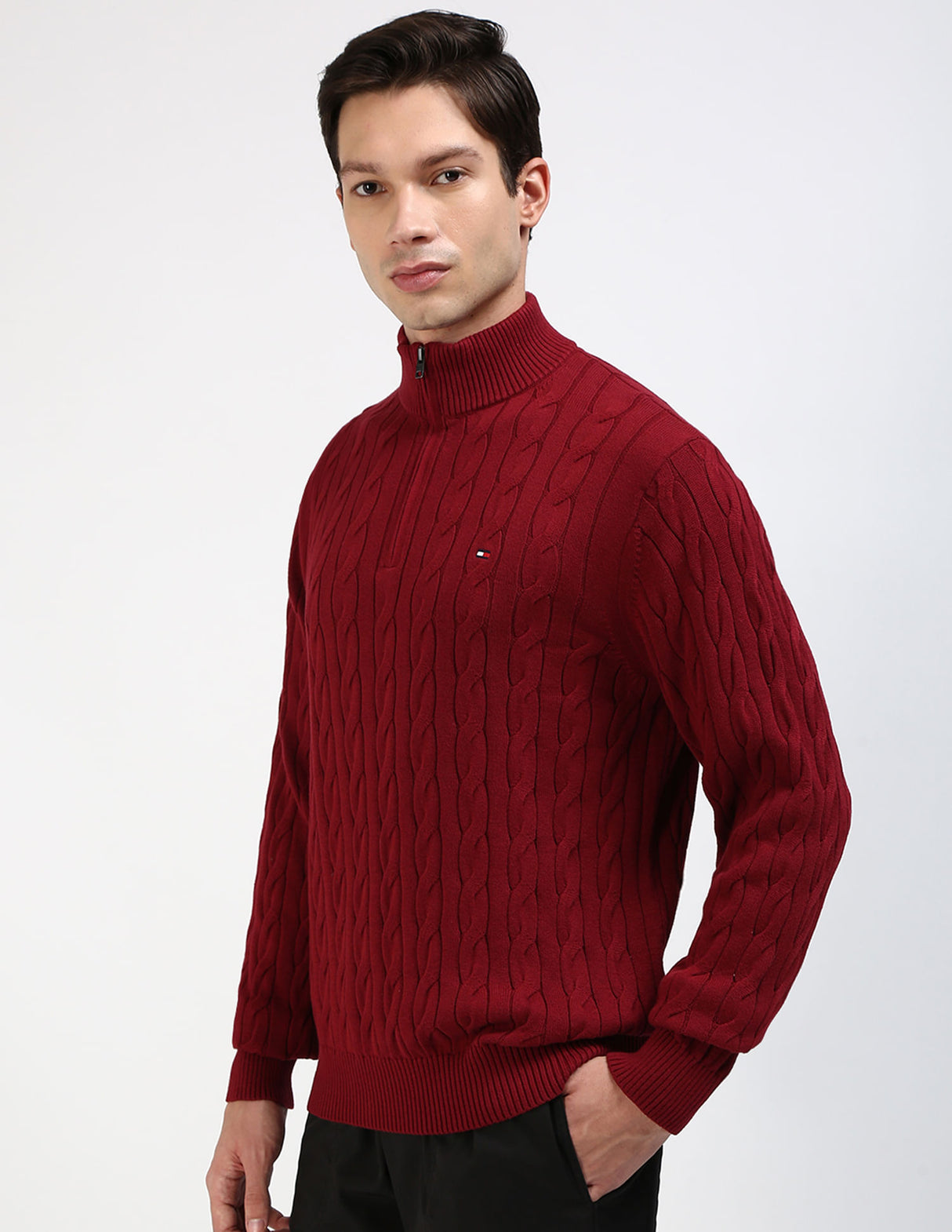 Tommy Hilfiger Men’s Cable Knit Half-Zip Sweater – Burgundy | Classic Fit