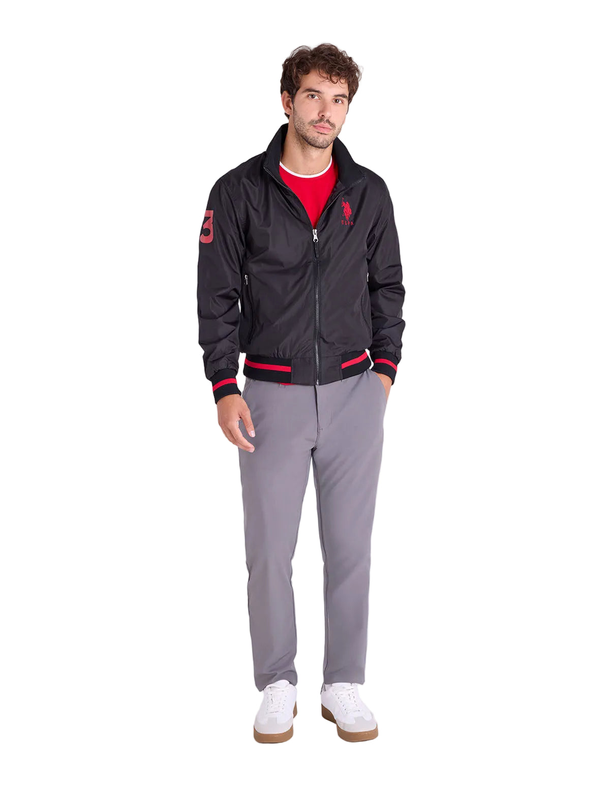 U.S. Polo Assn. Men’s Black Bomber Jacket with Red Detailing