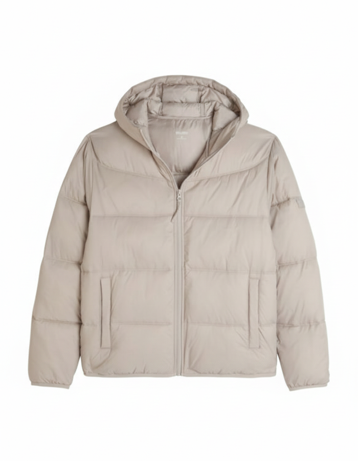 This is a Hollister men's hooded puffer jacket in a beige color.