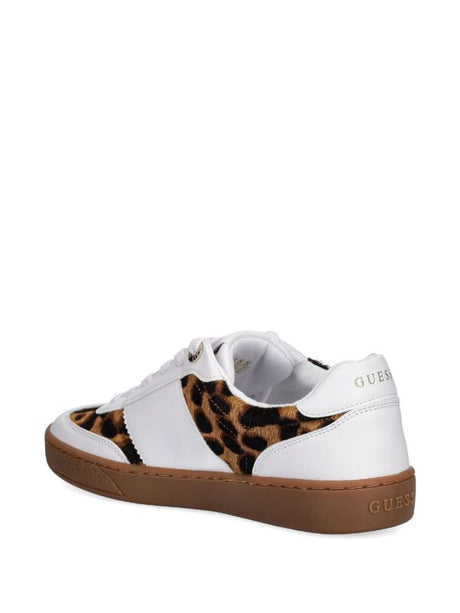 GUESS Women’s Lace-Up Sneakers with Animal Print Panels – White/Brown
