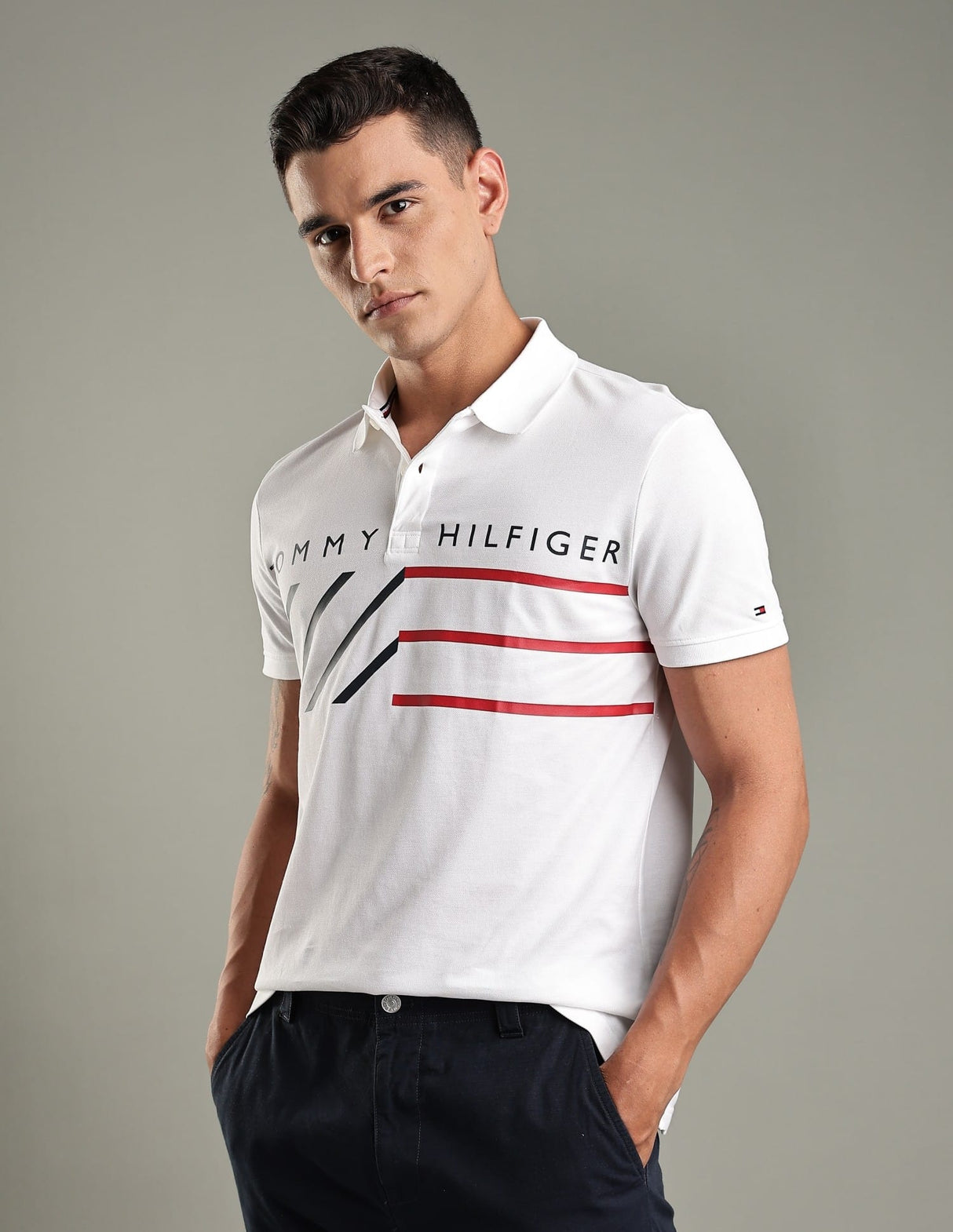 Tommy Hilfiger Men’s Striped Logo Piqué Polo Shirt, White